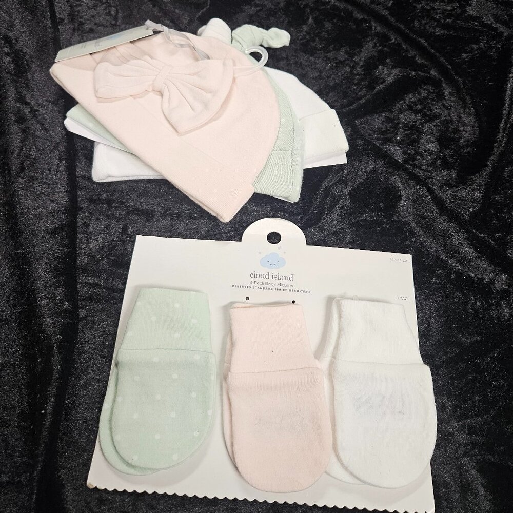 Cloud Island 0-6Mo Hats and Socks, White, Pink, Green